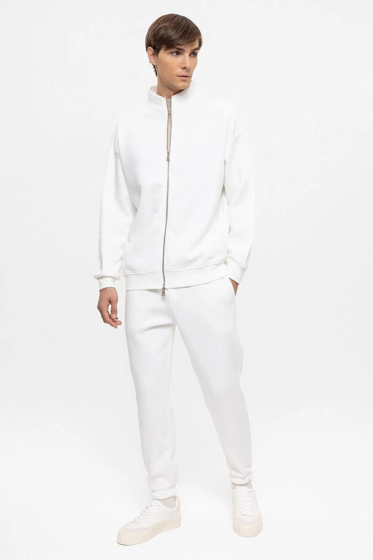 Men's Ecru High Collar Double Zipper Closure Sweatshirt - Wessi sold by Wessi product image thumbnail 3