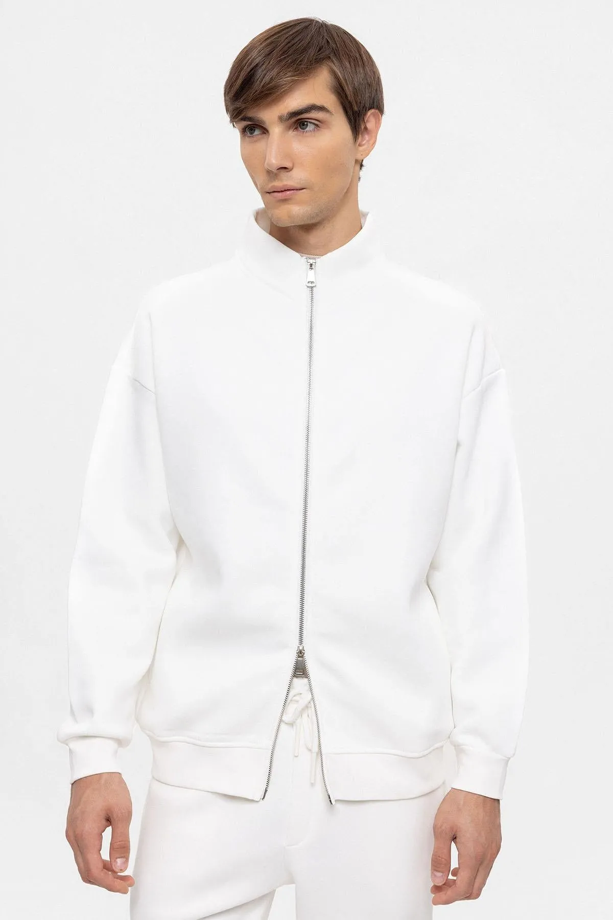 Men's Ecru High Collar Double Zipper Closure Sweatshirt - Wessi sold by Wessi product image thumbnail 4