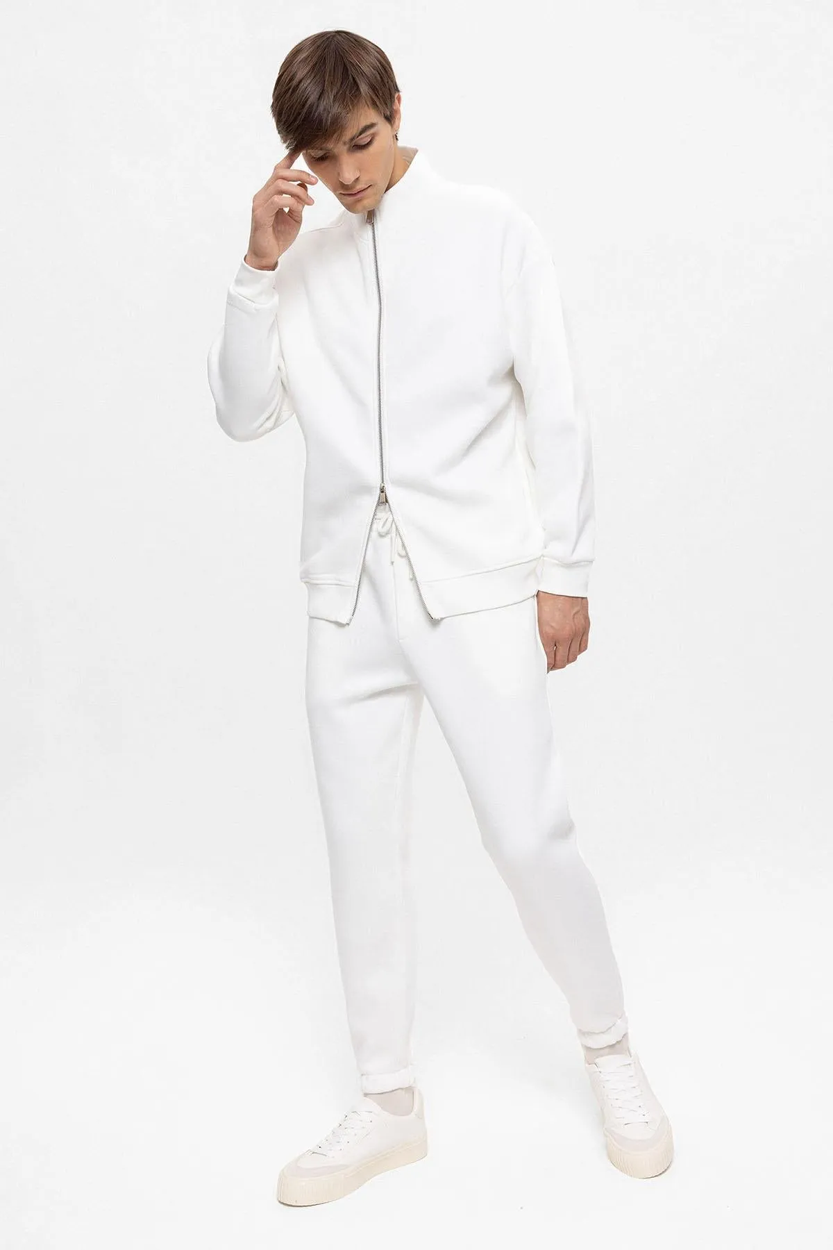 Men's Ecru High Collar Double Zipper Closure Sweatshirt - Wessi sold by Wessi