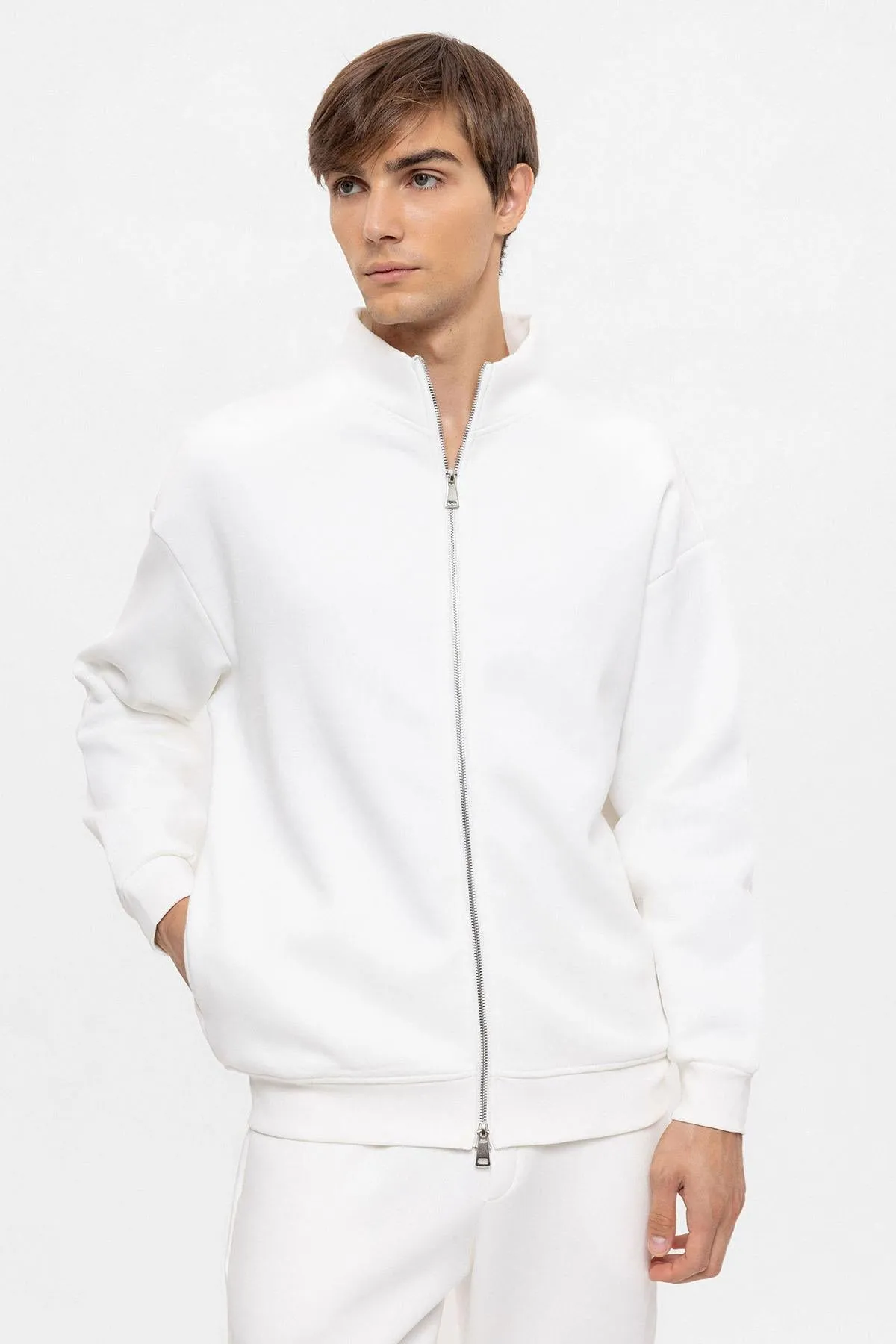 Men's Ecru High Collar Double Zipper Closure Sweatshirt - Wessi sold by Wessi product image thumbnail 5