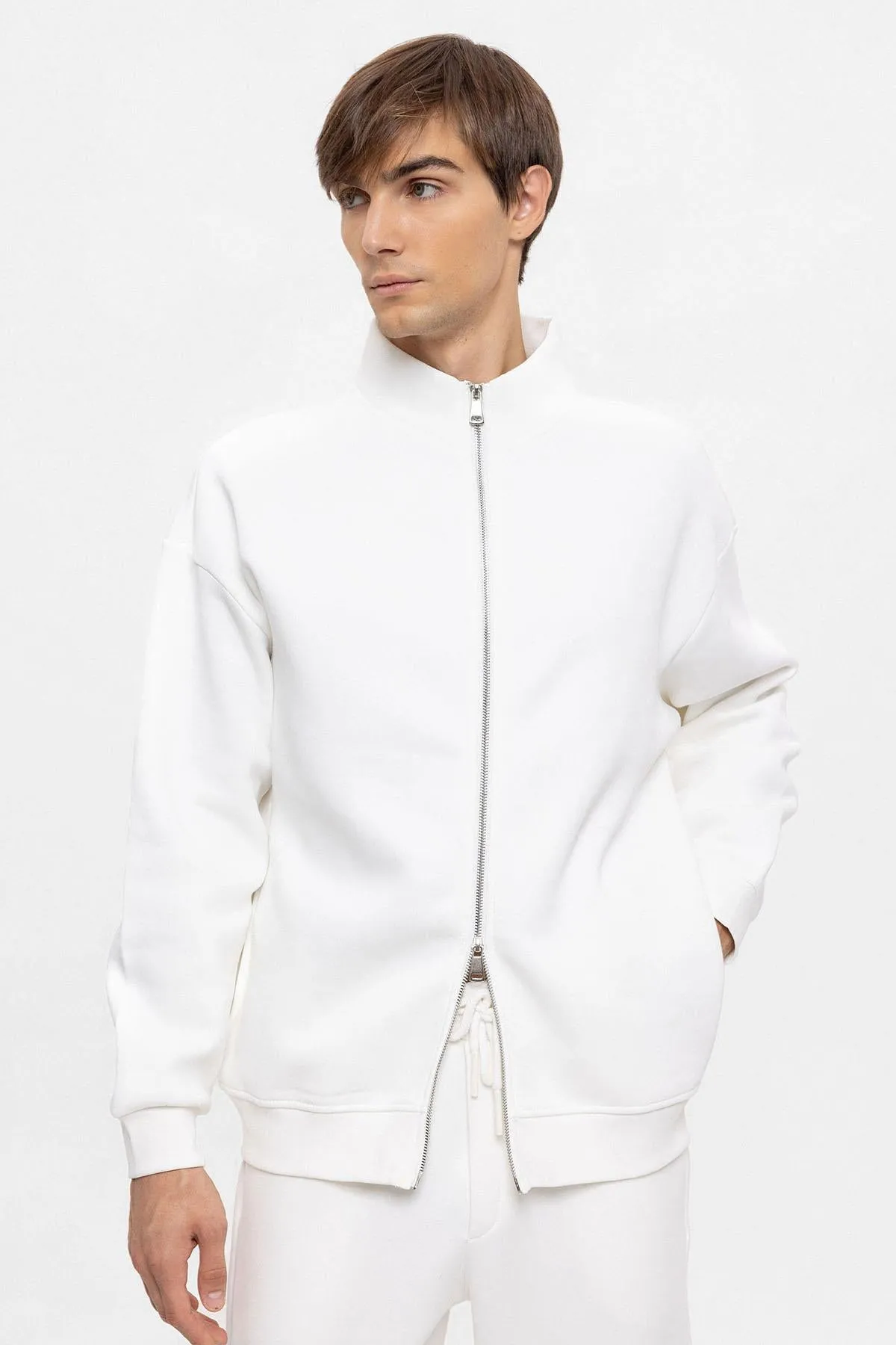 Men's Ecru High Collar Double Zipper Closure Sweatshirt - Wessi sold by Wessi product image thumbnail 2