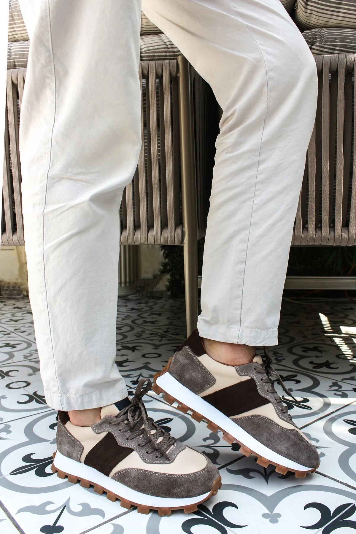 Men's Beige and Grey Suede Casual Sneakers with Brown Accents - Wessi sold by Wessi