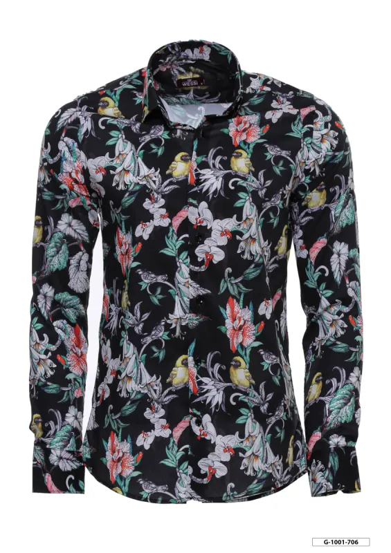 Floral Patterned Slim Fit Long Sleeves Black Men Shirt - Wessi sold by Wessi