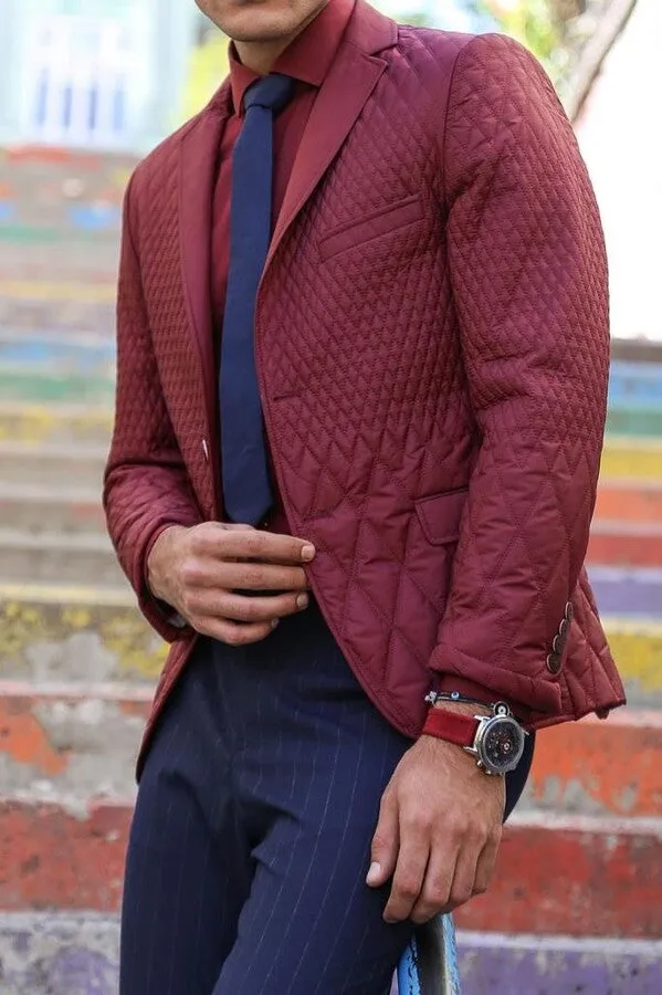 Patterned Quilted Burgundy Men Blazer - Wessi sold by Wessi product image thumbnail 5