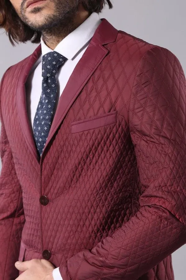 Patterned Quilted Burgundy Men Blazer - Wessi sold by Wessi product image thumbnail 2