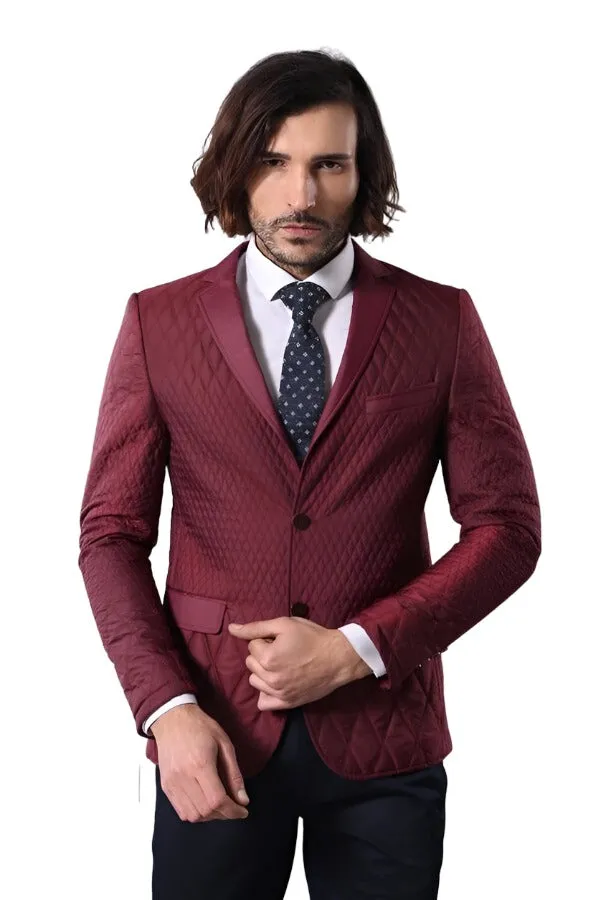 Patterned Quilted Burgundy Men Blazer - Wessi sold by Wessi