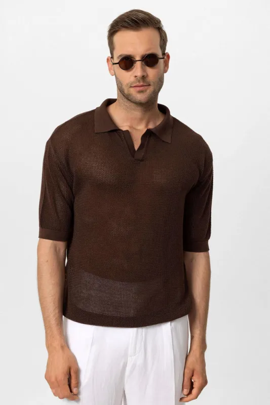 Men's Brown Polo Neck Knit T-Shirt - Wessi sold by Wessi