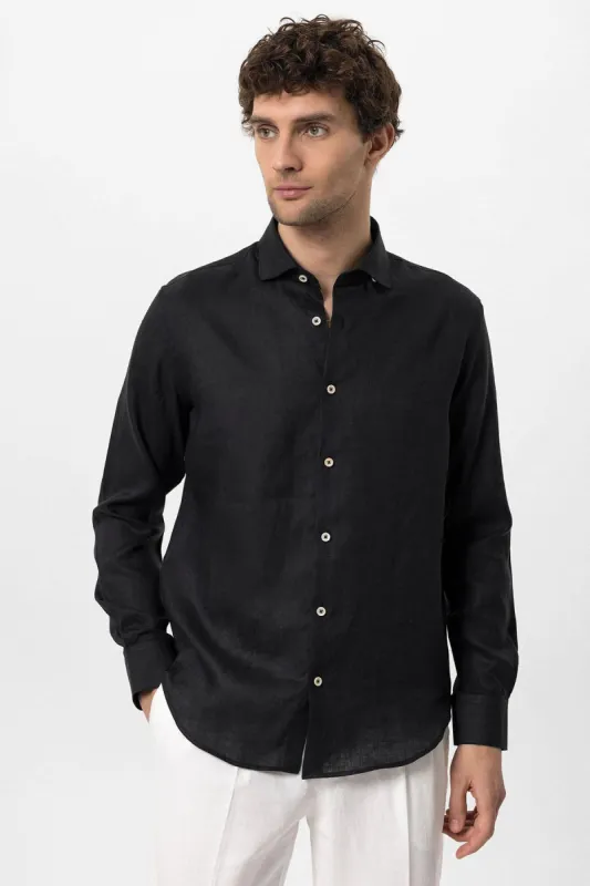 Men's Black Collar Button Detail 100% Linen  Shirt - Wessi sold by Wessi