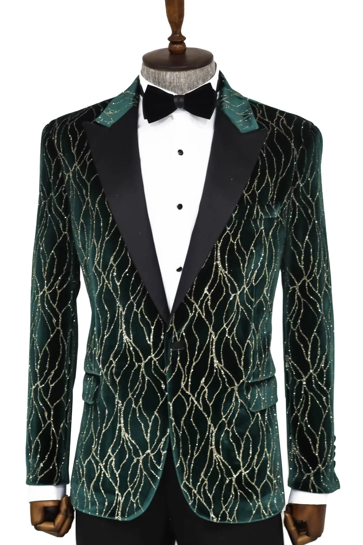 Patterned Dark Green Velvet Men Singer Tuxedo Blazer - Wessi sold by Wessi