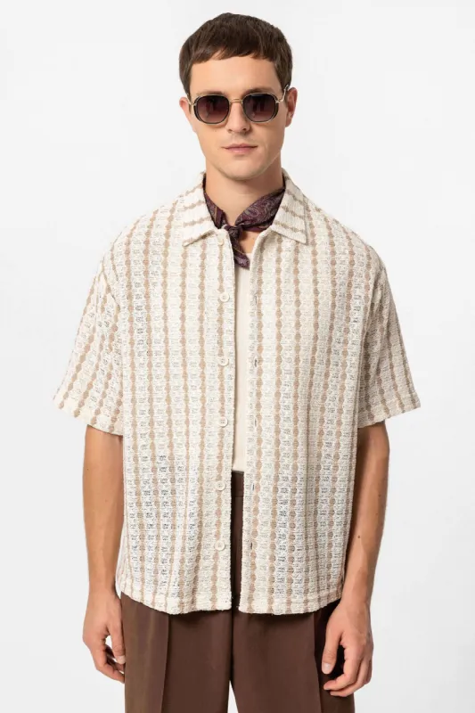 Men's Beige Striped Knit Short-Sleeve Shirt - Wessi sold by Wessi