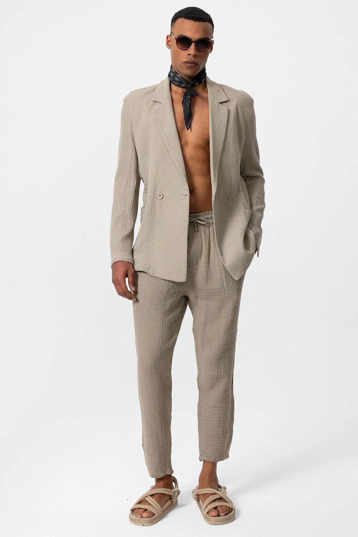 Men's Beige Double-Breasted Plain Blazer - Wessi sold by Wessi product image thumbnail 2