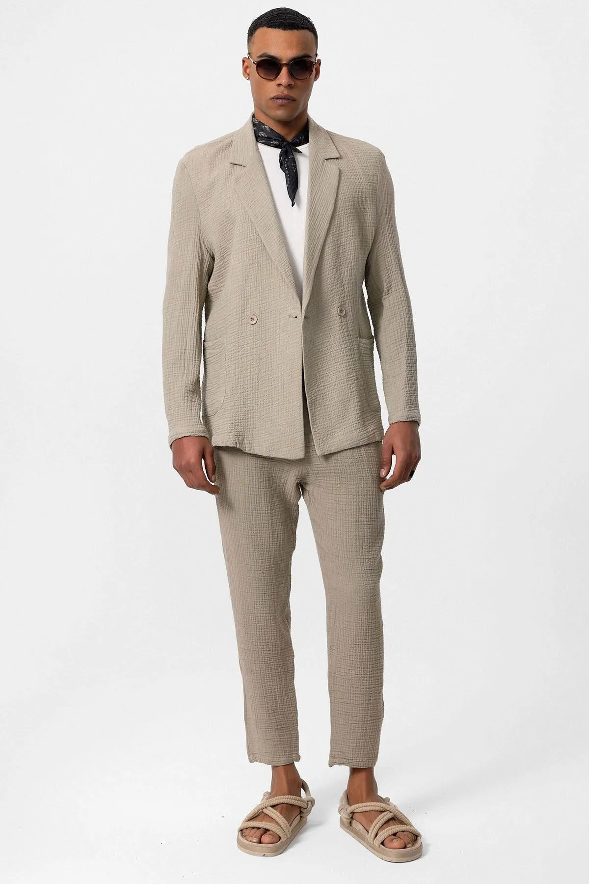 Men's Beige Double-Breasted Plain Blazer - Wessi sold by Wessi product image thumbnail 3