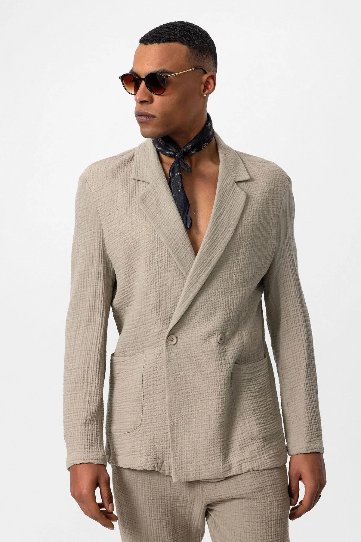 Men's Beige Double-Breasted Plain Blazer - Wessi sold by Wessi