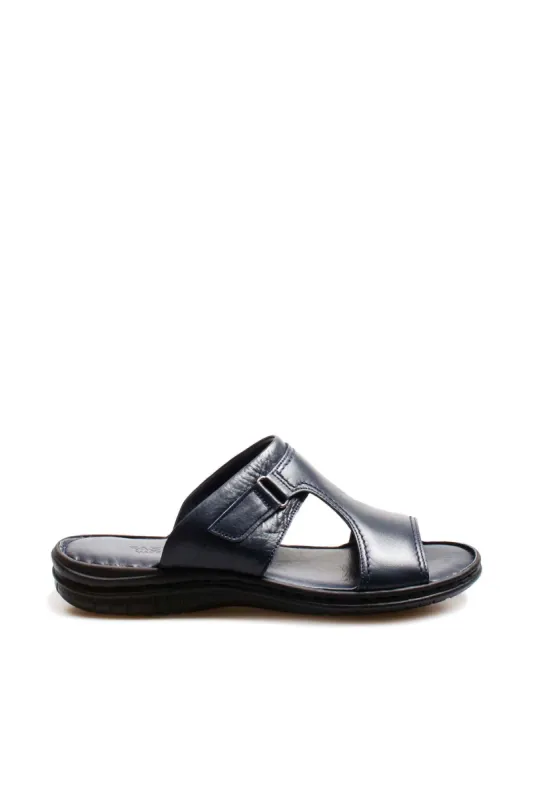 Men's Navy Leather Slide Sandals with Cutout Design - Wessi sold by Wessi