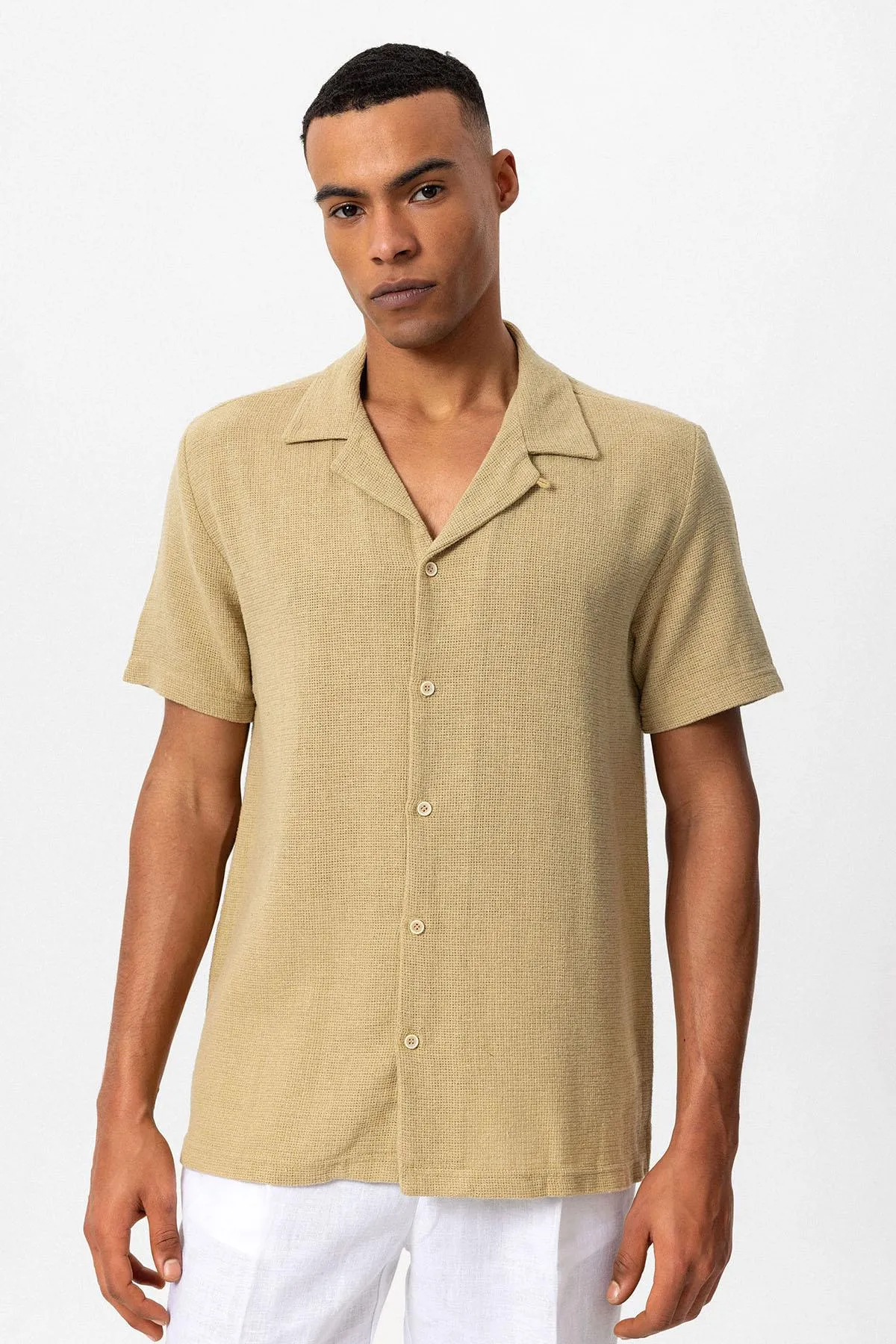 Beige Camp Collar Knitted Textured Men's Shirt - Wessi sold by Wessi product image thumbnail 2