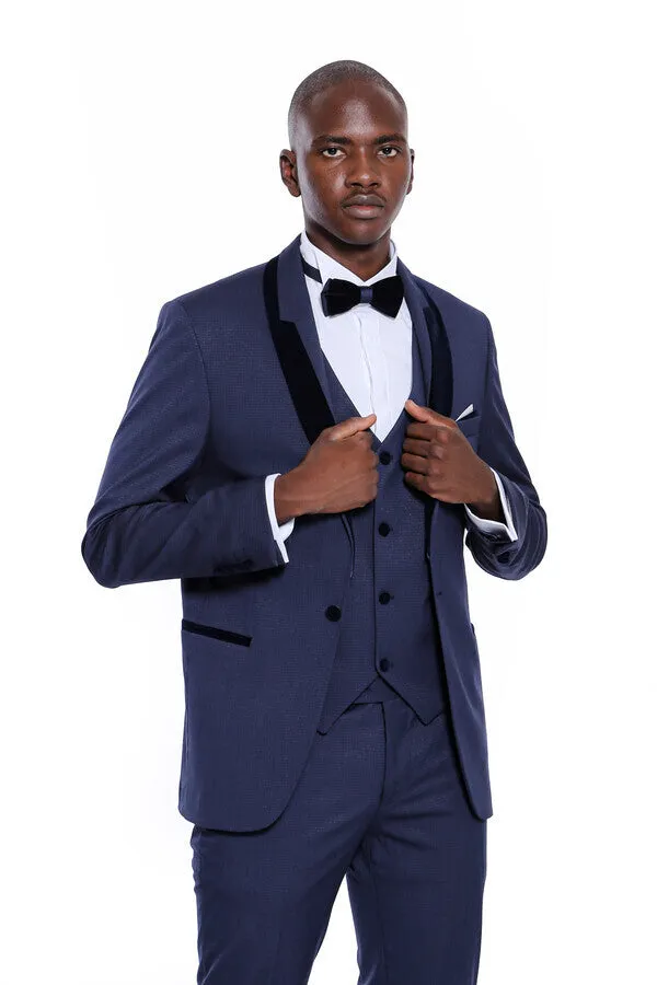 Patterned Velvet Lapel Navy Blue Tuxedo - Wessi sold by Wessi