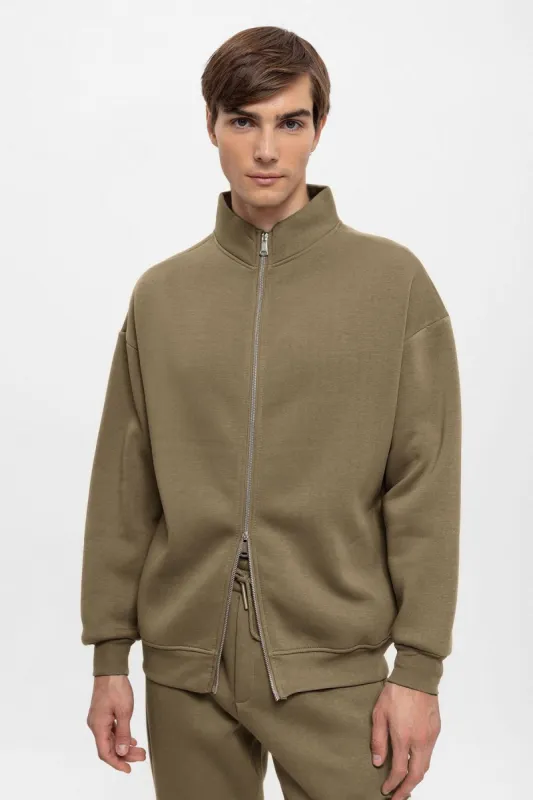 Men's Khaki High Collar Double Zipper Closure Sweatshirt - Wessi sold by Wessi