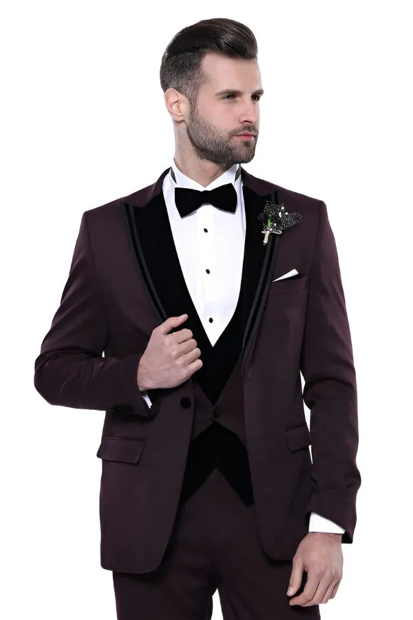 Velvet Collar Patterned Burgundy Tuxedo - Wessi sold by Wessi