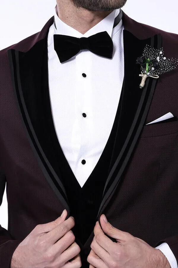 Velvet Collar Patterned Burgundy Tuxedo - Wessi sold by Wessi product image thumbnail 3