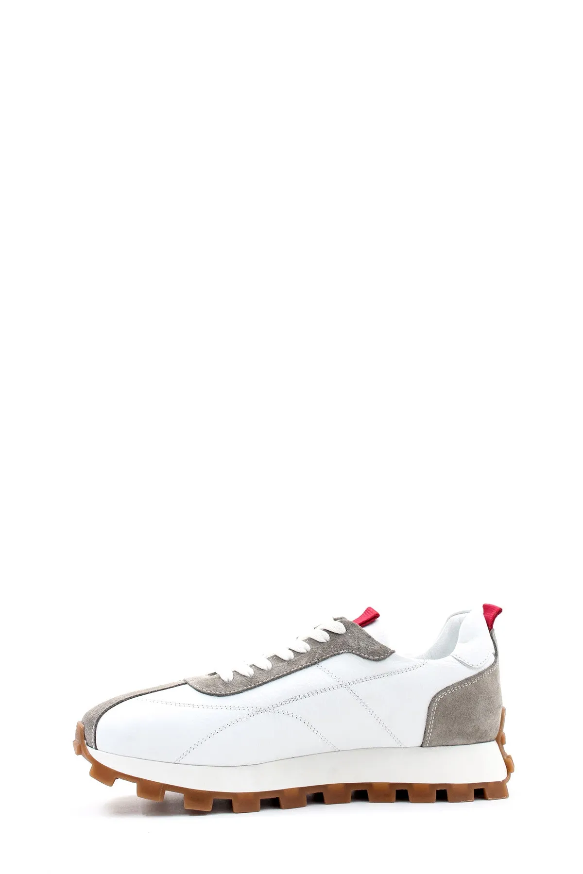 Men's White and Gray Leather Sneakers with Red Heel Accent and Chunky Gum Sole - Wessi sold by Wessi product image thumbnail 3