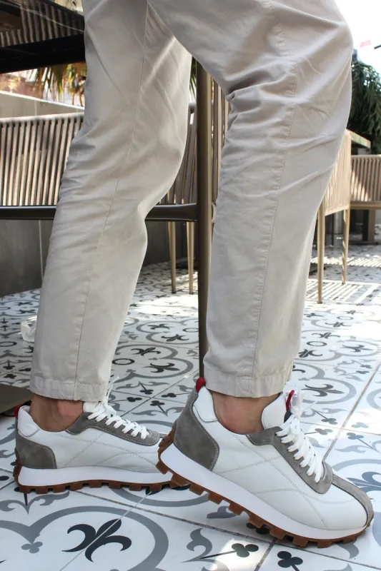 Men's White and Gray Leather Sneakers with Red Heel Accent and Chunky Gum Sole - Wessi sold by Wessi