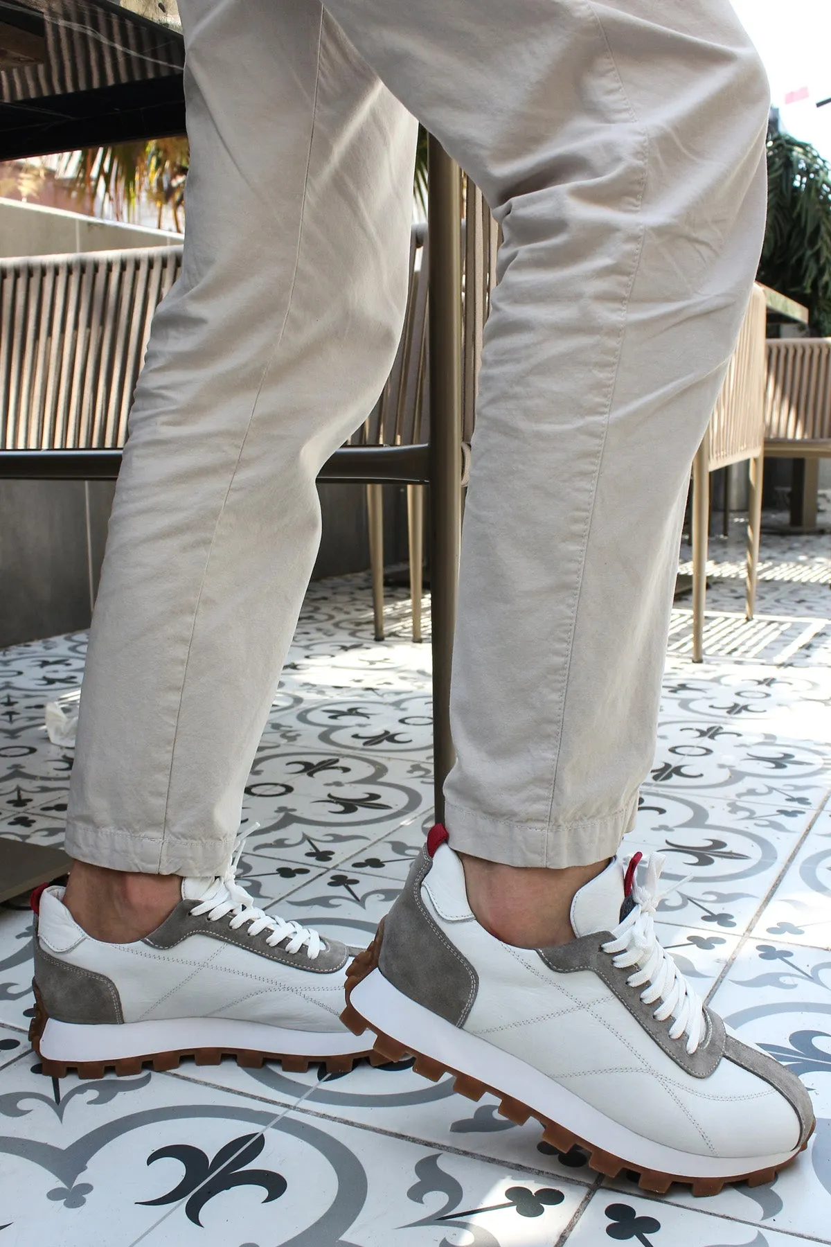 Men's White and Gray Leather Sneakers with Red Heel Accent and Chunky Gum Sole - Wessi sold by Wessi