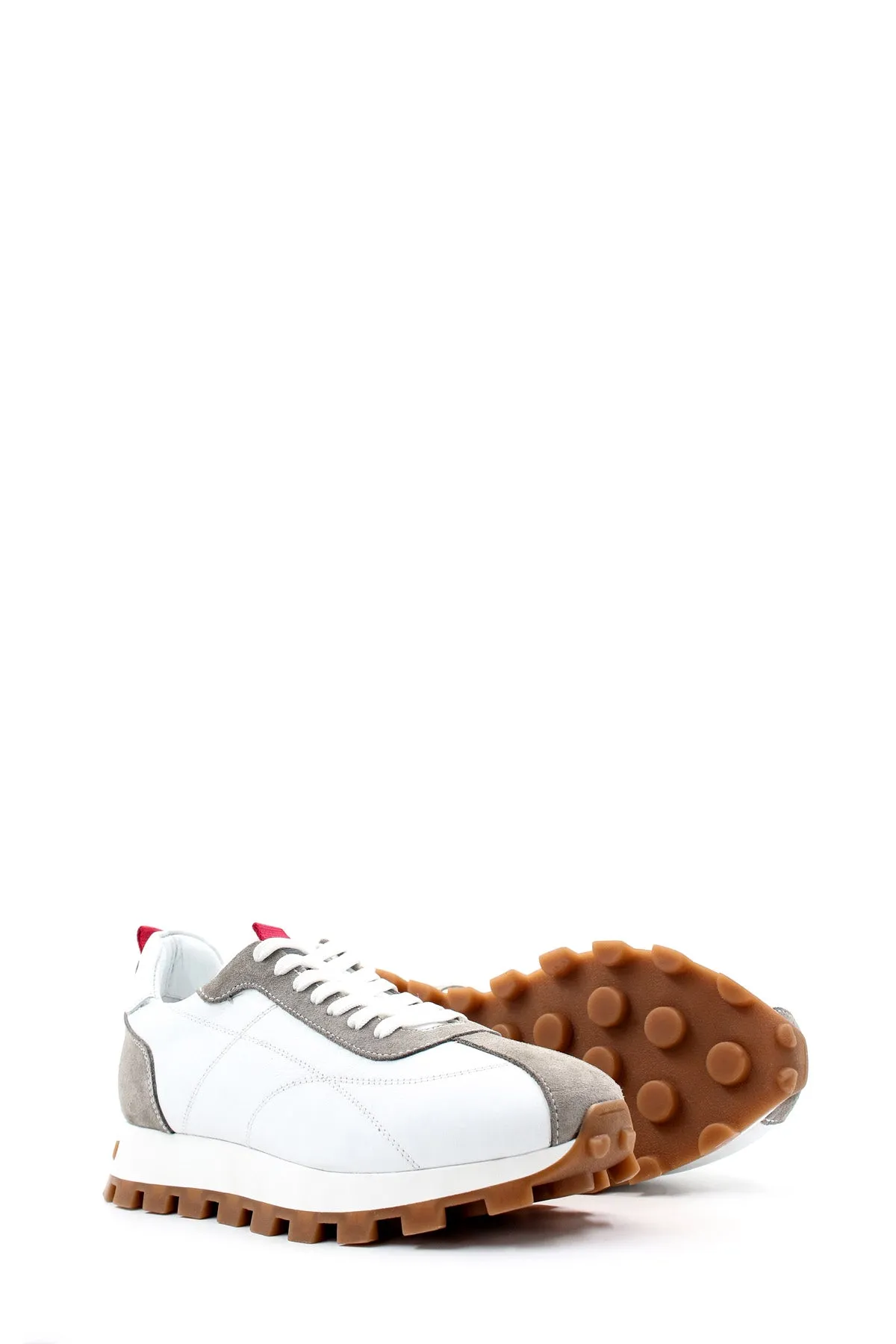 Men's White and Gray Leather Sneakers with Red Heel Accent and Chunky Gum Sole - Wessi sold by Wessi product image thumbnail 5