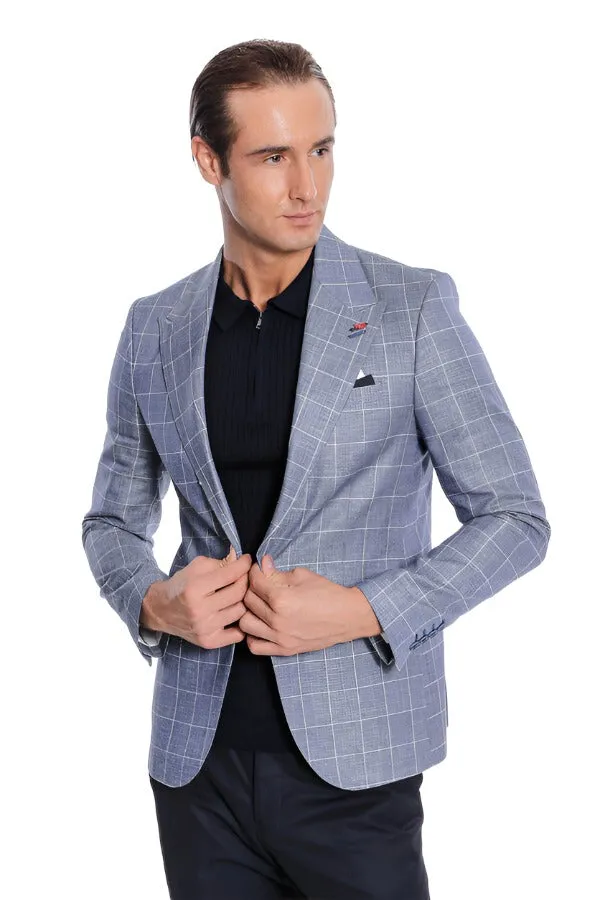 Single Button Wide Pointed Collar Blue Blazer - Wessi sold by Wessi