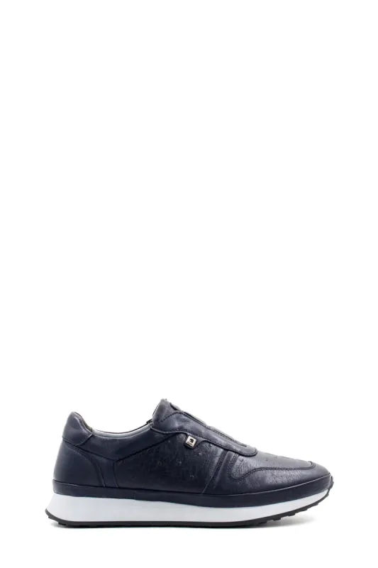 Men's Navy Blue Leather Slip-On Sneakers with Embossed Detailing - Wessi sold by Wessi