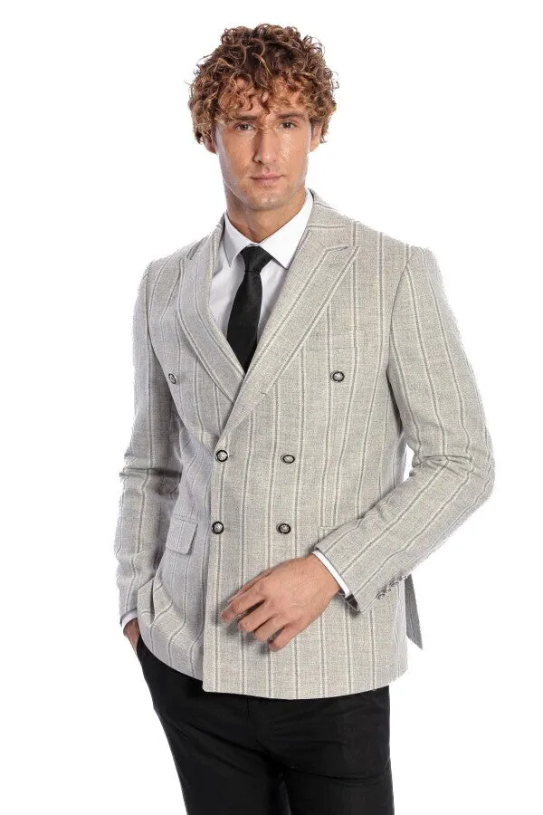 Wide Lapel Striped Double Breasted Grey Men Blazer - Wessi sold by Wessi