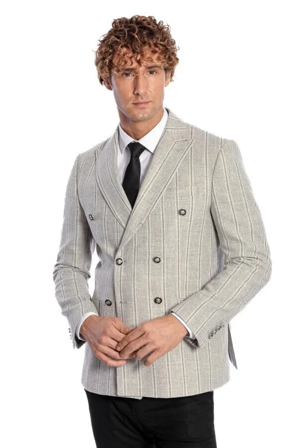 Wide Lapel Striped Double Breasted Grey Men Blazer - Wessi sold by Wessi product image thumbnail 5