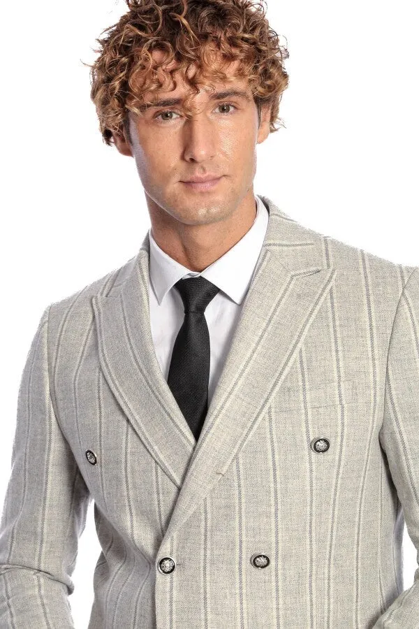 Wide Lapel Striped Double Breasted Grey Men Blazer - Wessi sold by Wessi product image thumbnail 3