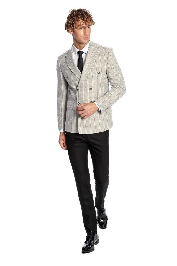 Wide Lapel Striped Double Breasted Grey Men Blazer - Wessi sold by Wessi product image thumbnail 2
