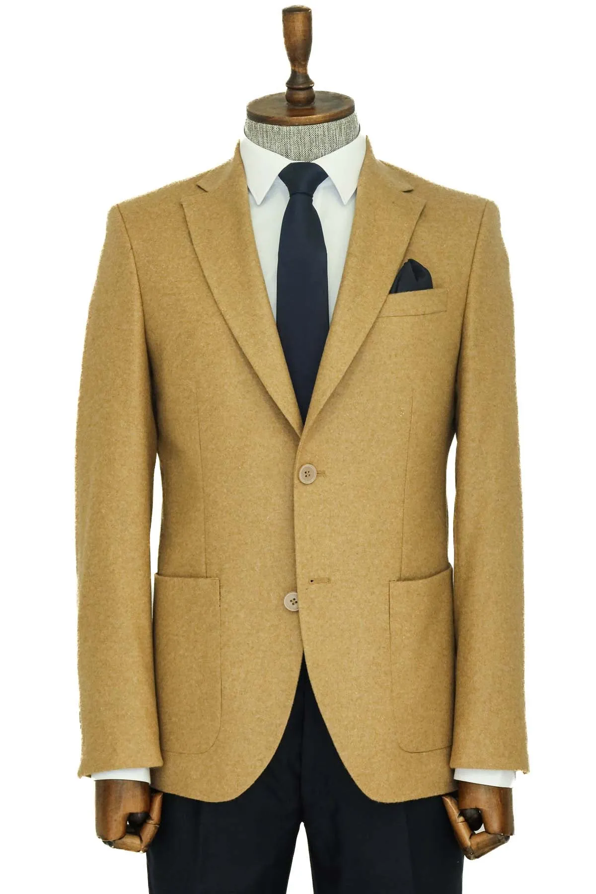 Slim Fit Plain Wide Lapel Tan Men Wool Blazer - Wessi sold by Wessi