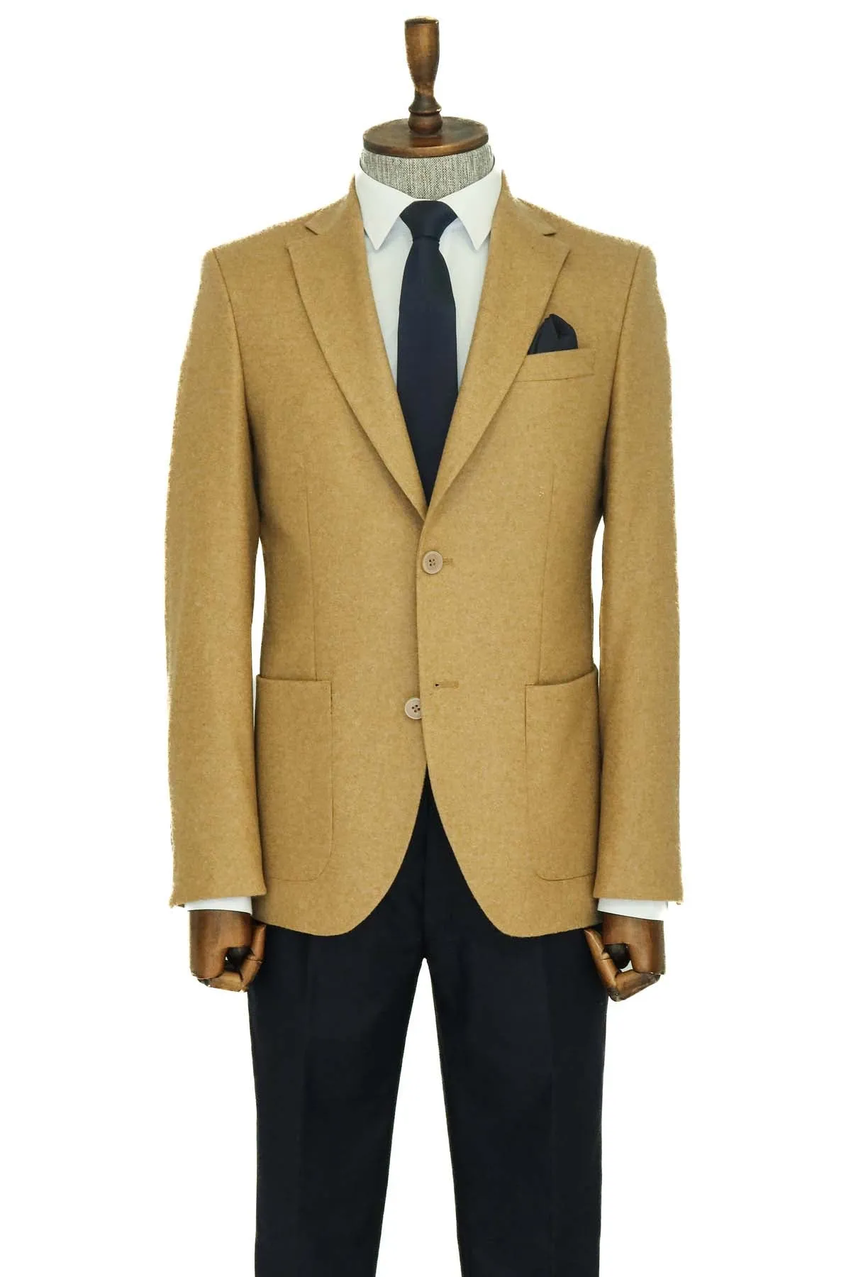 Slim Fit Plain Wide Lapel Tan Men Wool Blazer - Wessi sold by Wessi product image thumbnail 3