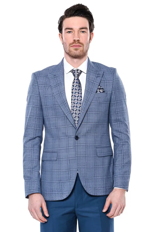 Checked Slim-Fit Single Button Blue Men Blazer - Wessi sold by Wessi product image thumbnail 4