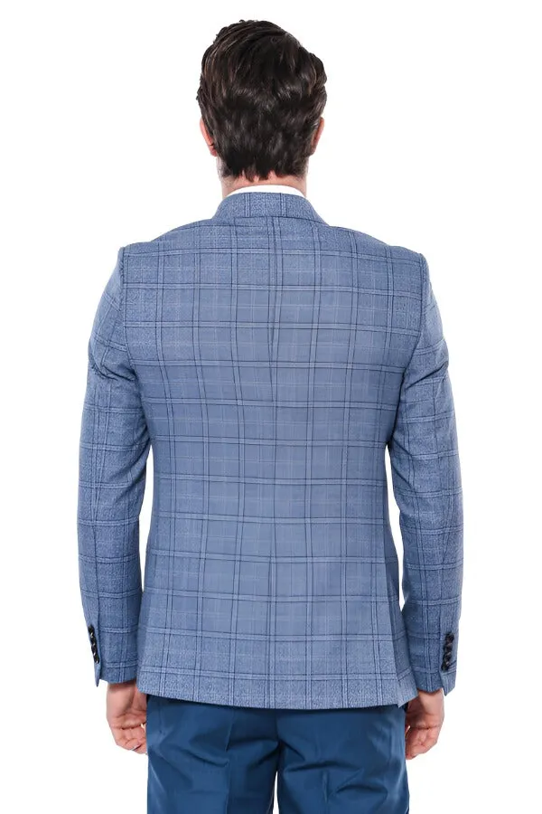 Checked Slim-Fit Single Button Blue Men Blazer - Wessi sold by Wessi product image thumbnail 3