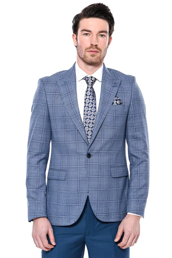 Checked Slim-Fit Single Button Blue Men Blazer - Wessi sold by Wessi product image thumbnail 5