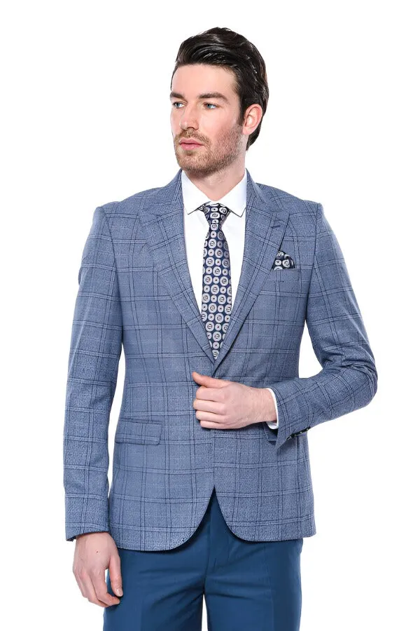 Checked Slim-Fit Single Button Blue Men Blazer - Wessi sold by Wessi
