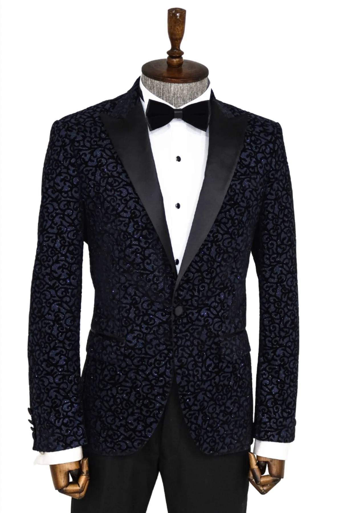Scroll Patterned Navy Blue Men Wedding Tuxedo Blazer - Wessi sold by Wessi product image thumbnail 3
