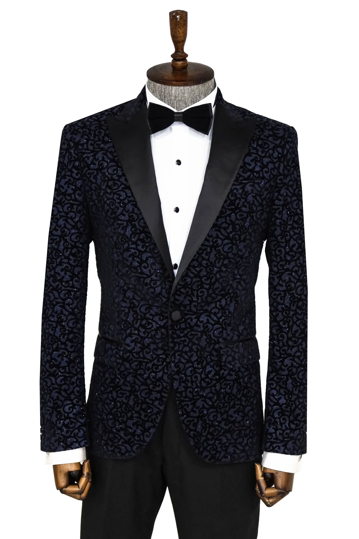 Scroll Patterned Navy Blue Men Wedding Tuxedo Blazer - Wessi sold by Wessi
