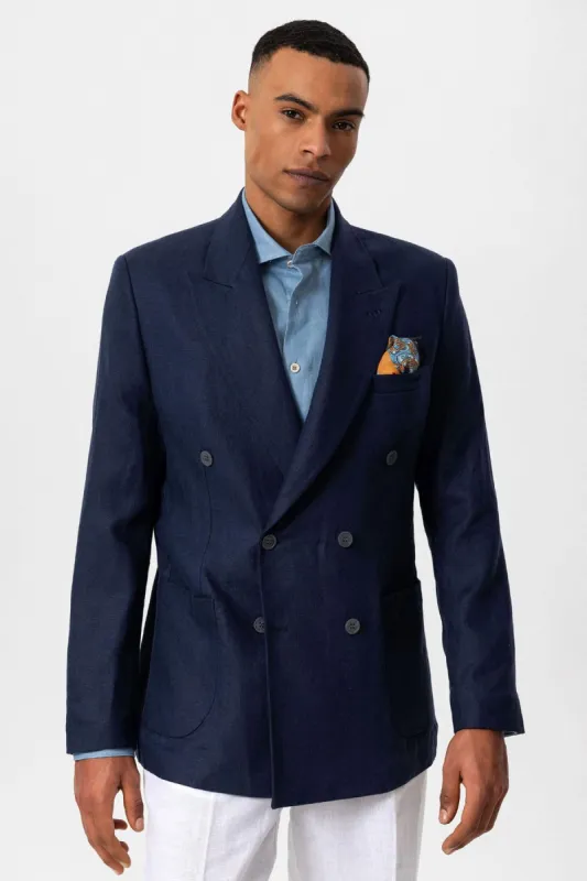 Men's Navy Blue 100% Linen Double-Breasted  Blazer - Wessi sold by Wessi