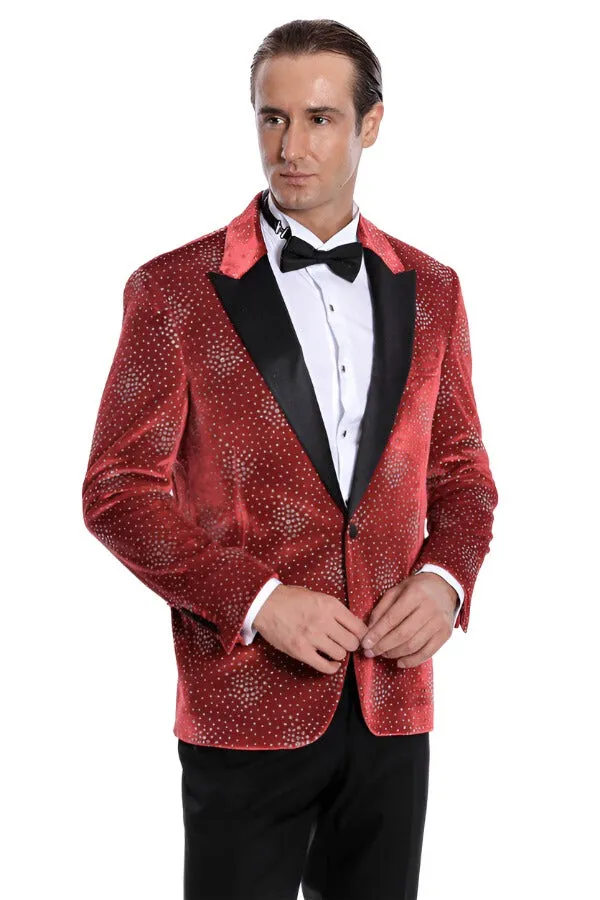 Dot Patterned Peak Lapel Burgundy Men Singer Tuxedo Blazer - Wessi sold by Wessi