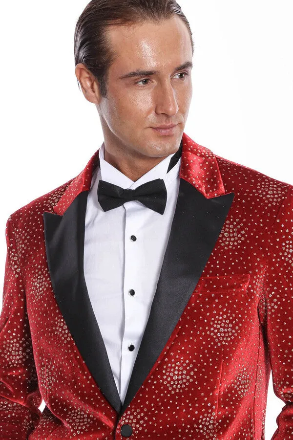 Dot Patterned Peak Lapel Burgundy Men Singer Tuxedo Blazer - Wessi sold by Wessi product image thumbnail 2