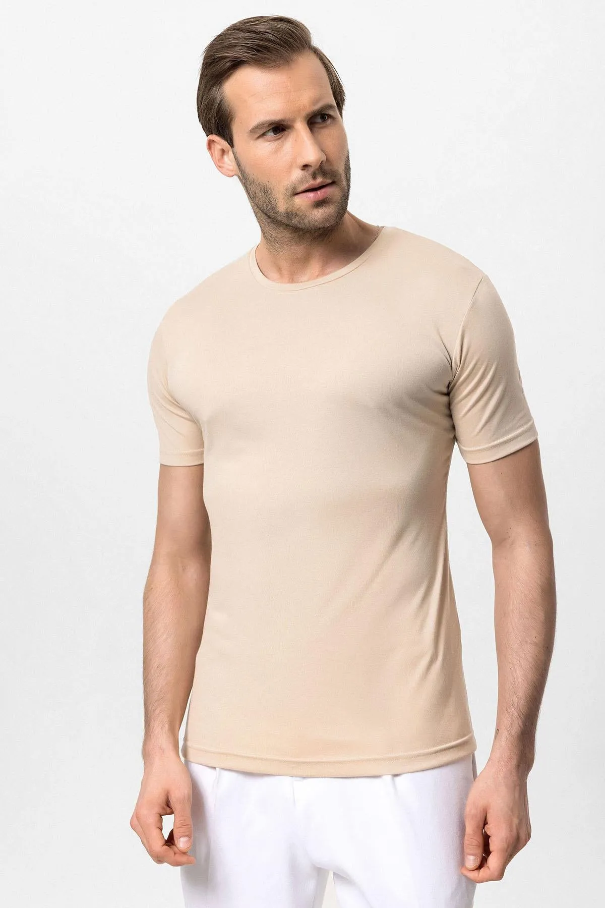Men's Beige Crew Neck Slim Fit T-Shirt - Wessi sold by Wessi product image thumbnail 2