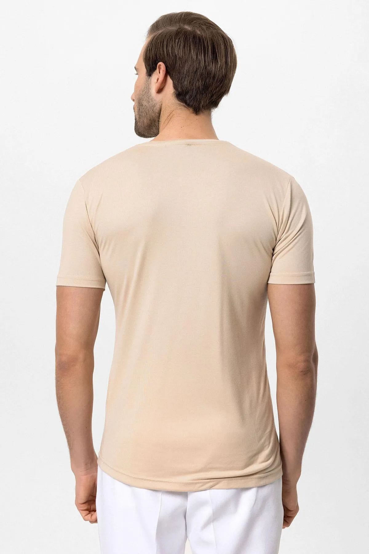 Men's Beige Crew Neck Slim Fit T-Shirt - Wessi sold by Wessi product image thumbnail 5