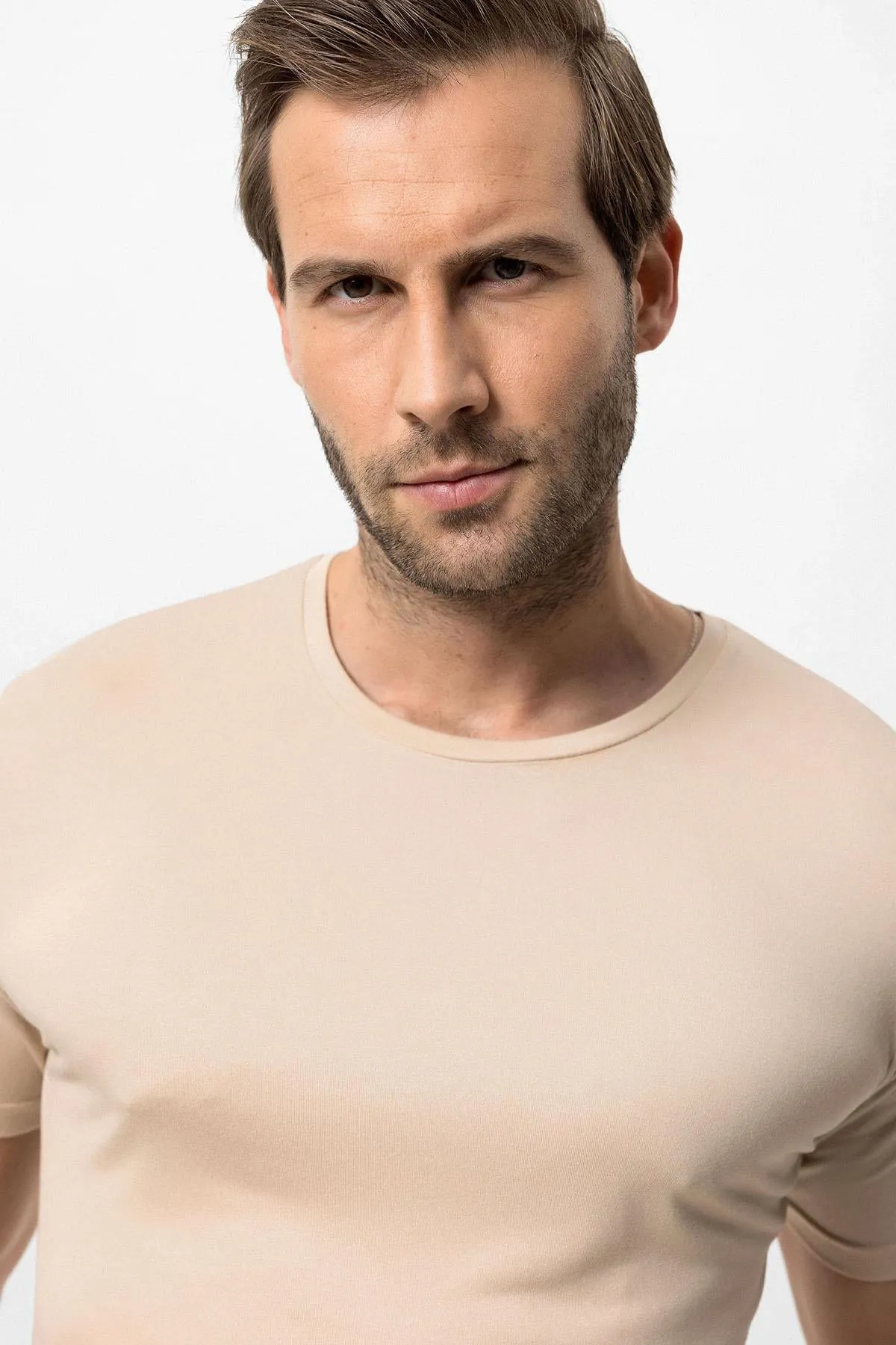 Men's Beige Crew Neck Slim Fit T-Shirt - Wessi sold by Wessi product image thumbnail 4