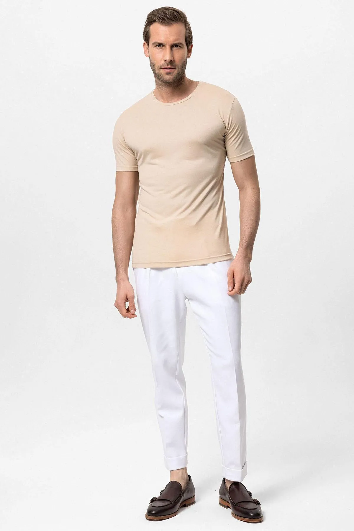 Men's Beige Crew Neck Slim Fit T-Shirt - Wessi sold by Wessi product image thumbnail 3