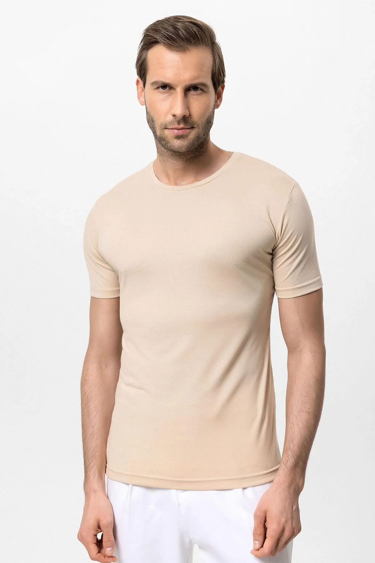 Men's Beige Crew Neck Slim Fit T-Shirt - Wessi sold by Wessi