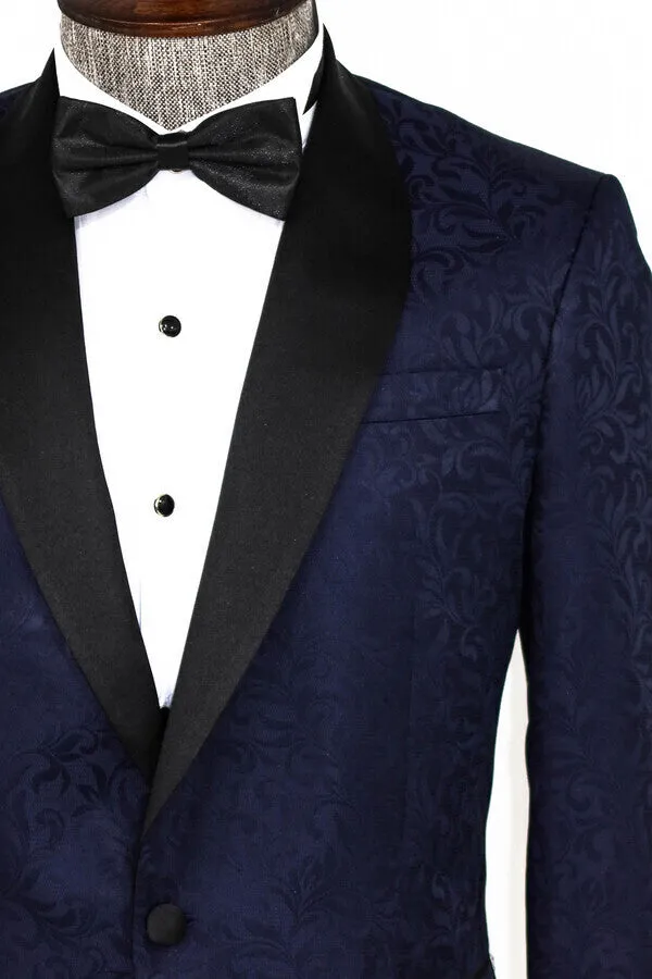 Shawl Lapel Floral Patterned Navy Blue Men Tuxedo Evening Blazer - Wessi sold by Wessi product image thumbnail 2